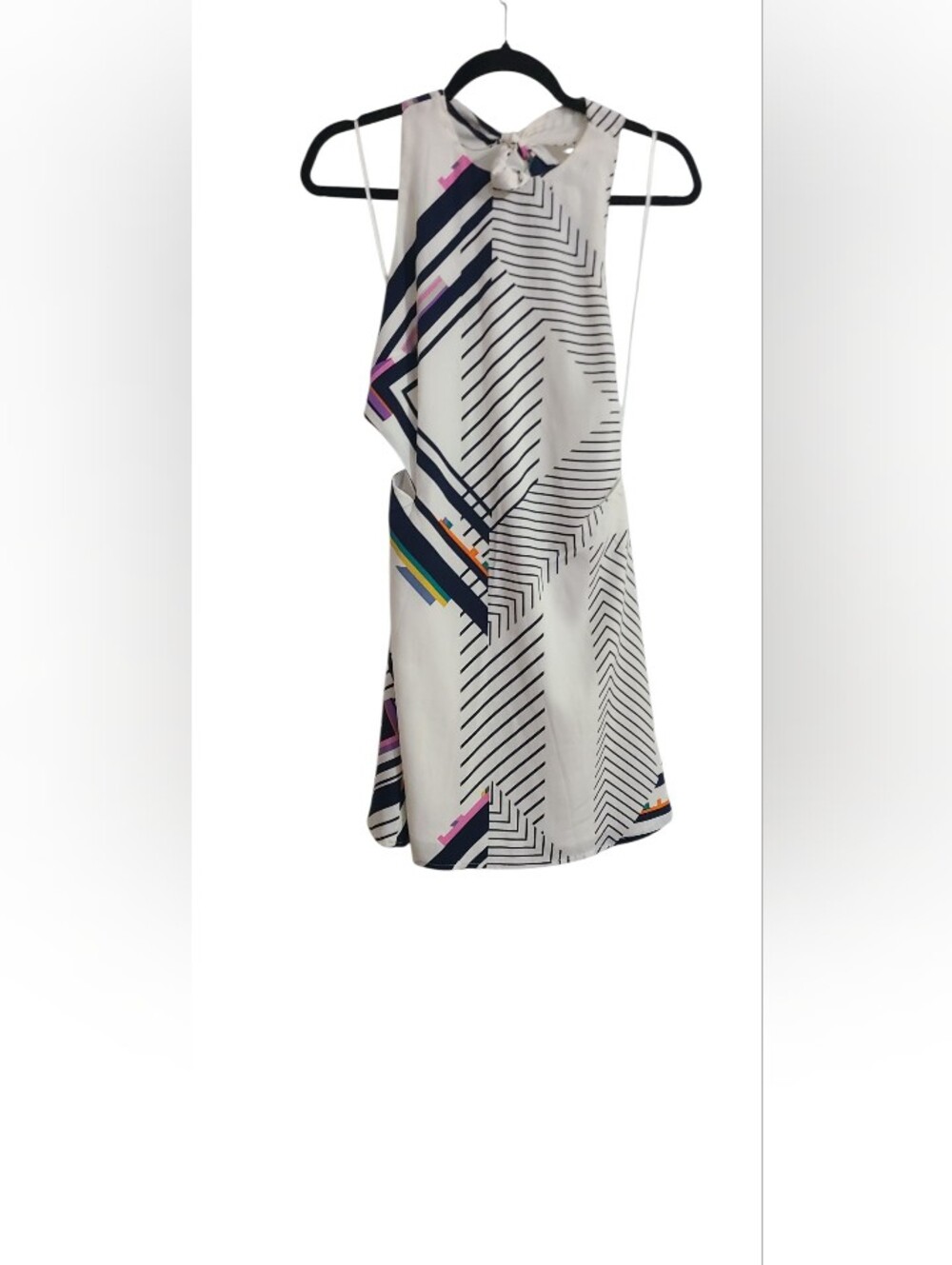 Geometric Print Sleeveless Shift Dress - White with Multi-Color Accents